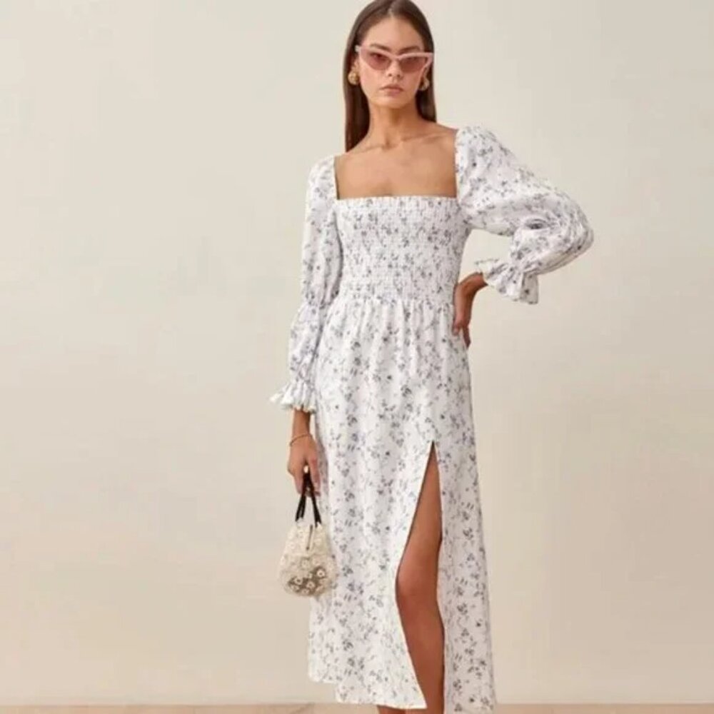House of Harlow 1960 Linen Blend Smocked Bodice Floral Midi Dress S